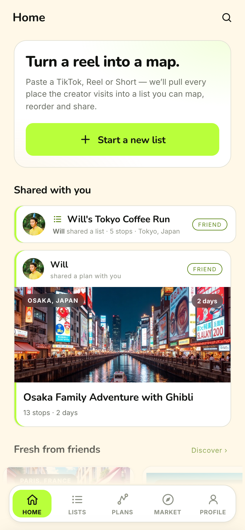 Nomi home screen — paste a reel to start a list, plus lists shared by friends