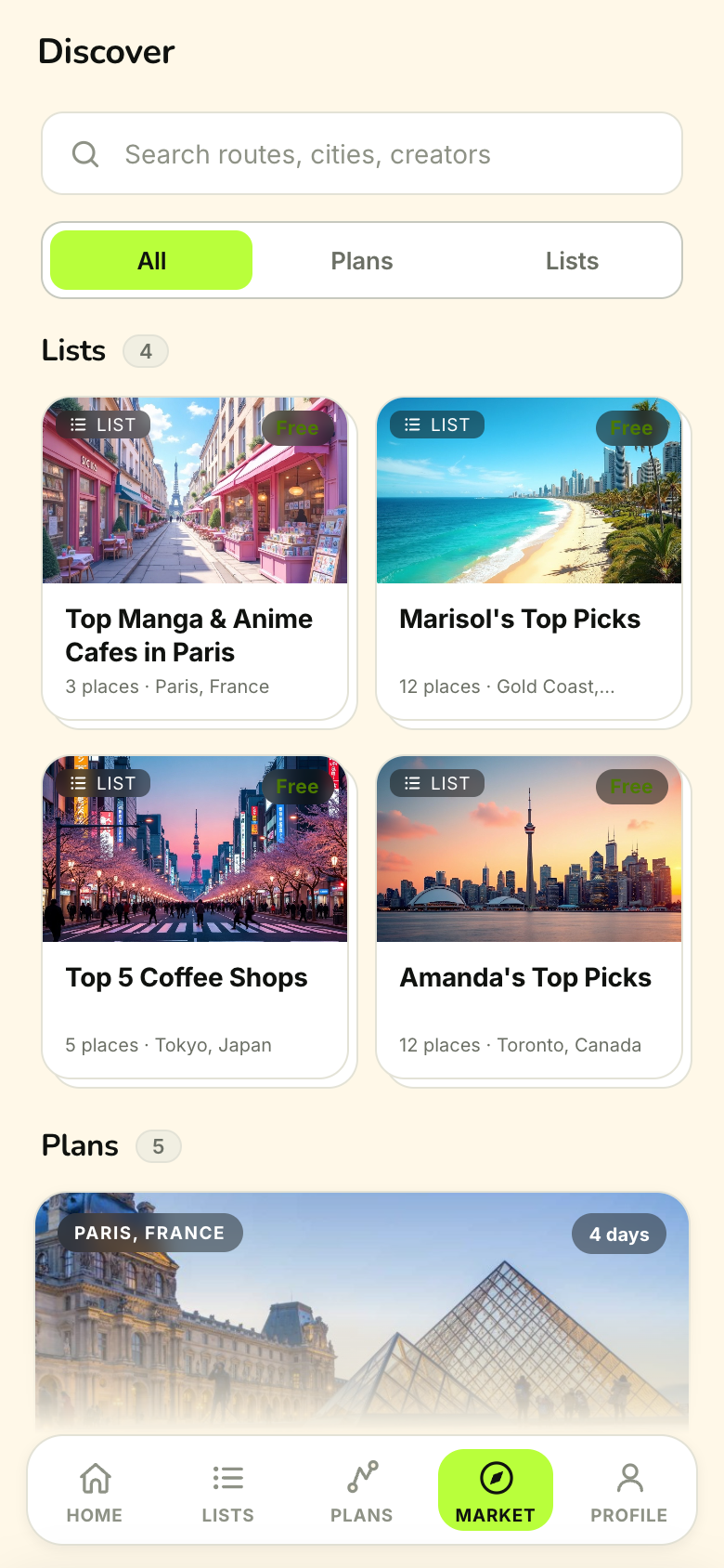 Nomi discover screen — lists and picks from creators and friends